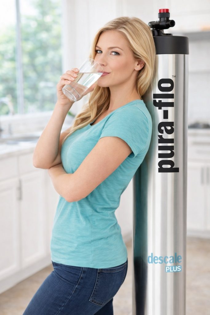 Woman drinking a glass of water while leaning against a Pura-Flo descalePLUS whole-house water conditioner