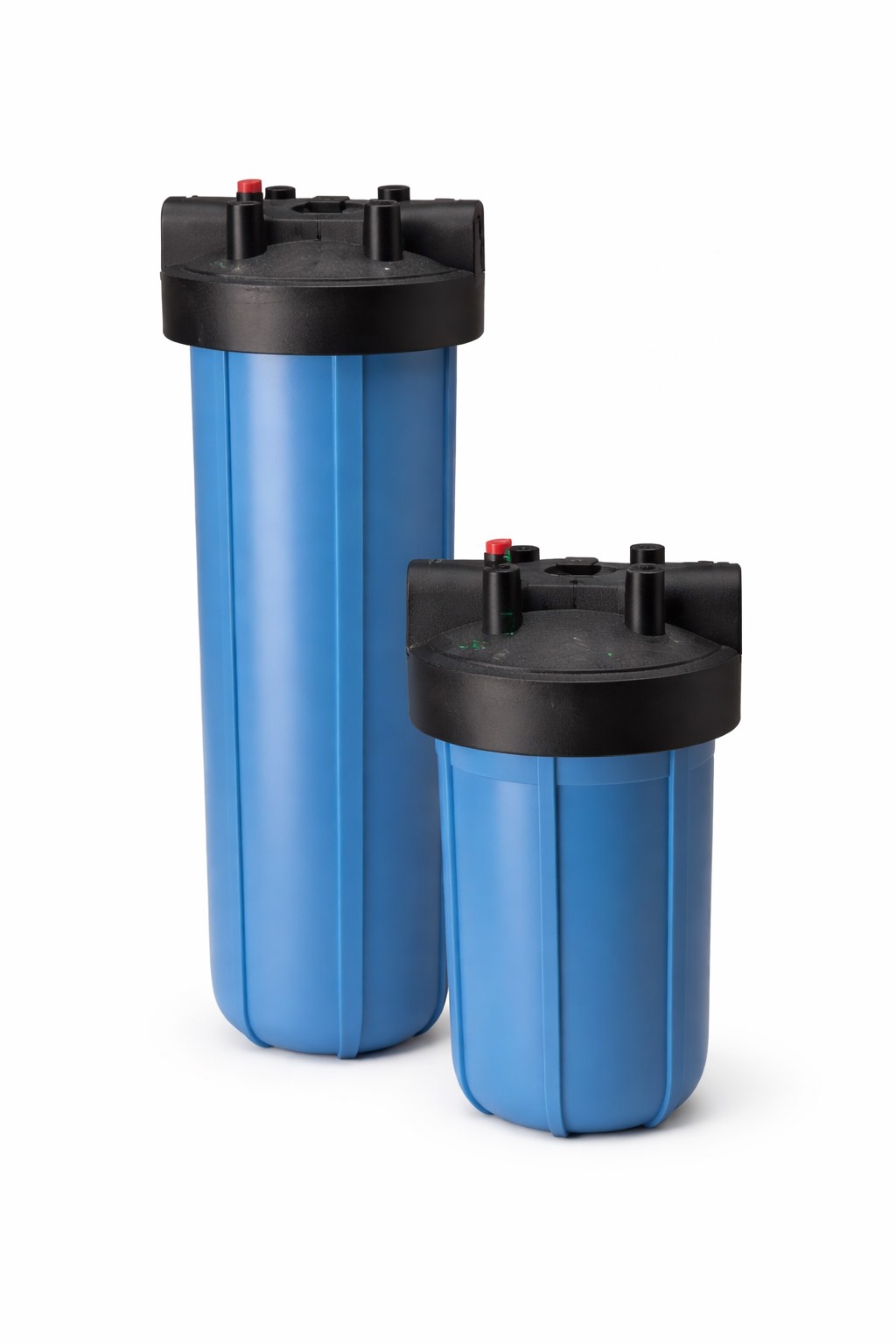 10-inch and 20-inch blue whole-house water filter housings with black caps, isolated on white background