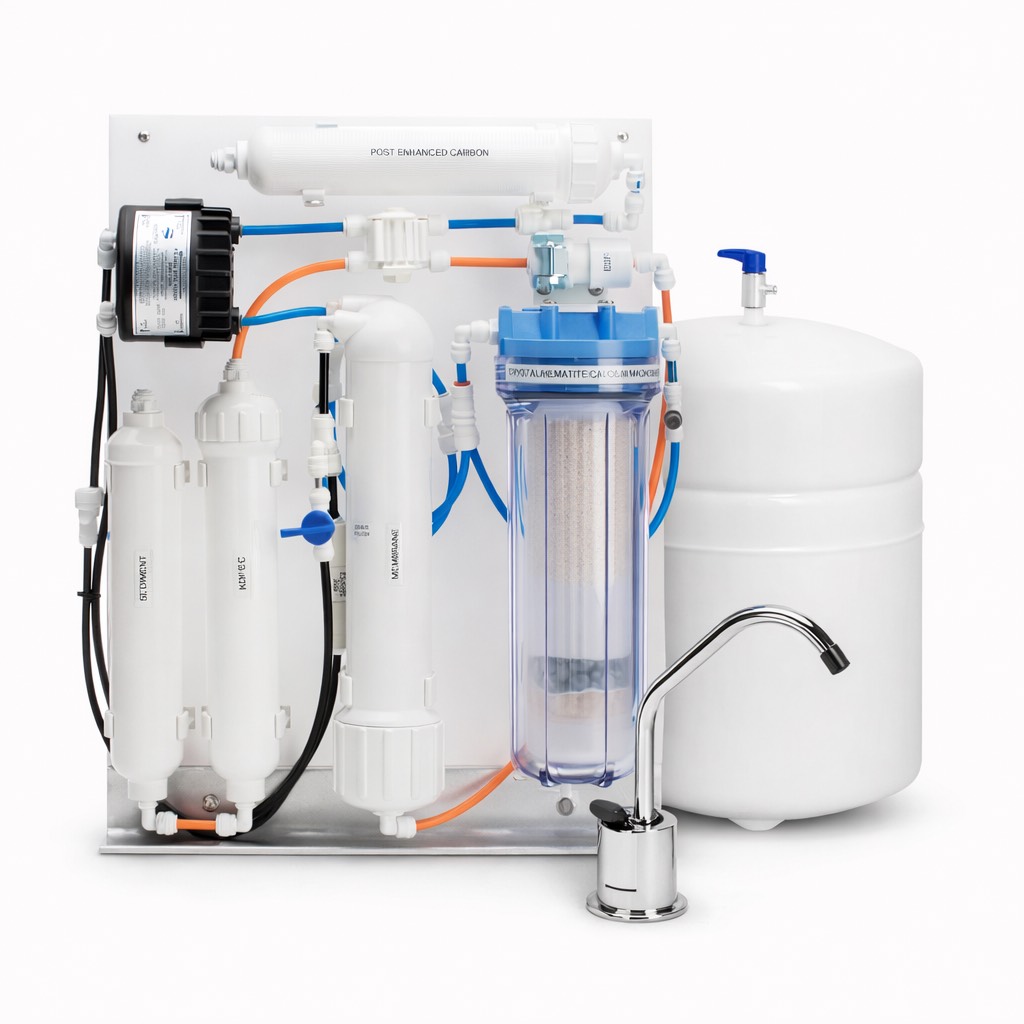 PRO-100-HE PLUS under-counter reverse osmosis system with storage tank and multi-stage filtration assembly