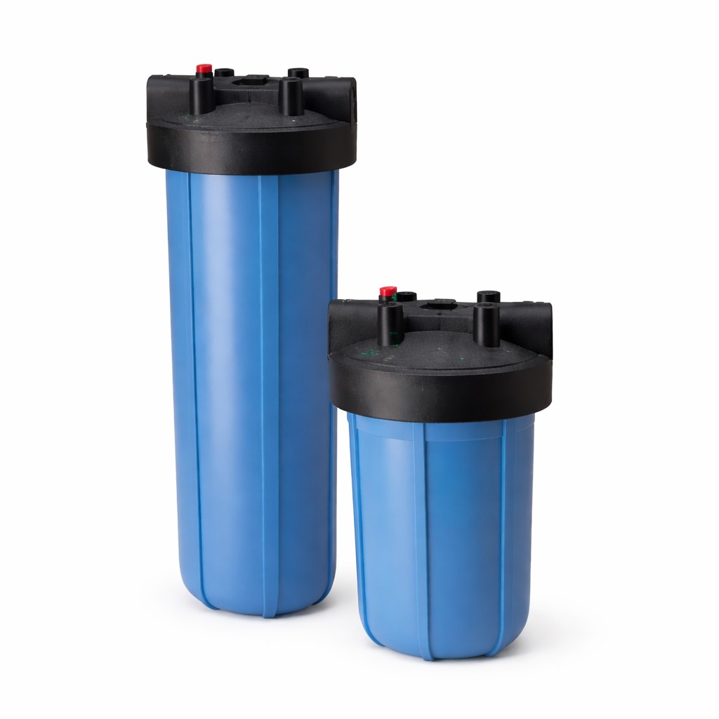 10-inch and 20-inch blue whole-house water filter housings with black caps, isolated on white background
