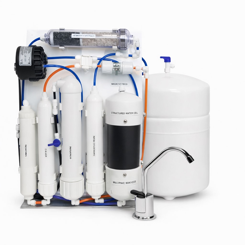 Structured Water Reverse Osmosis System with multi-stage filtration tank and stainless steel housing.