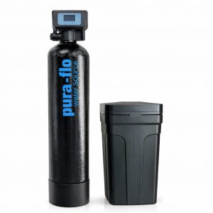 Salt-based whole-house water softener with vertical Pura-Flo WaterSource branding on resin tank
