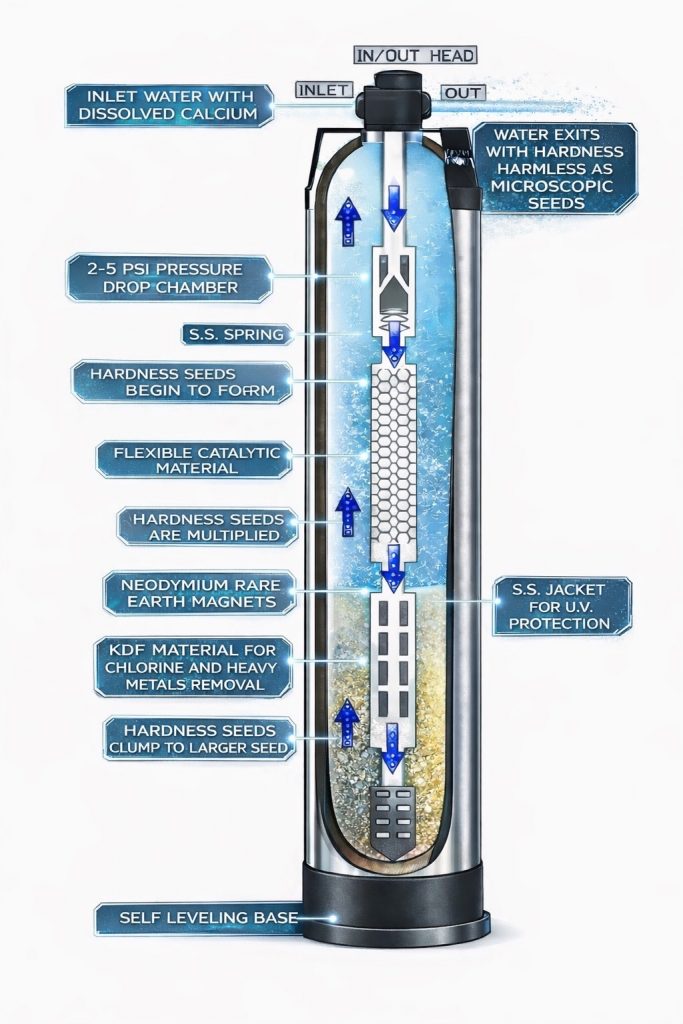 Cutaway diagram of the Pura-Flo descalePLUS™ whole-home water conditioner showing internal catalytic media, pressure chamber, magnets, and KDF filtration components that reduce scale and protect plumbing.