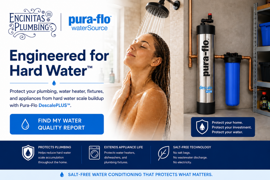 Pura-Flo DescalePLUS whole-house salt-free water conditioner and post-carbon Big Blue filter installed with copper piping beside a woman enjoying a shower.